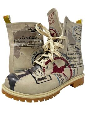 Goby  Passport Stamp Combat Boots in Beige and Red